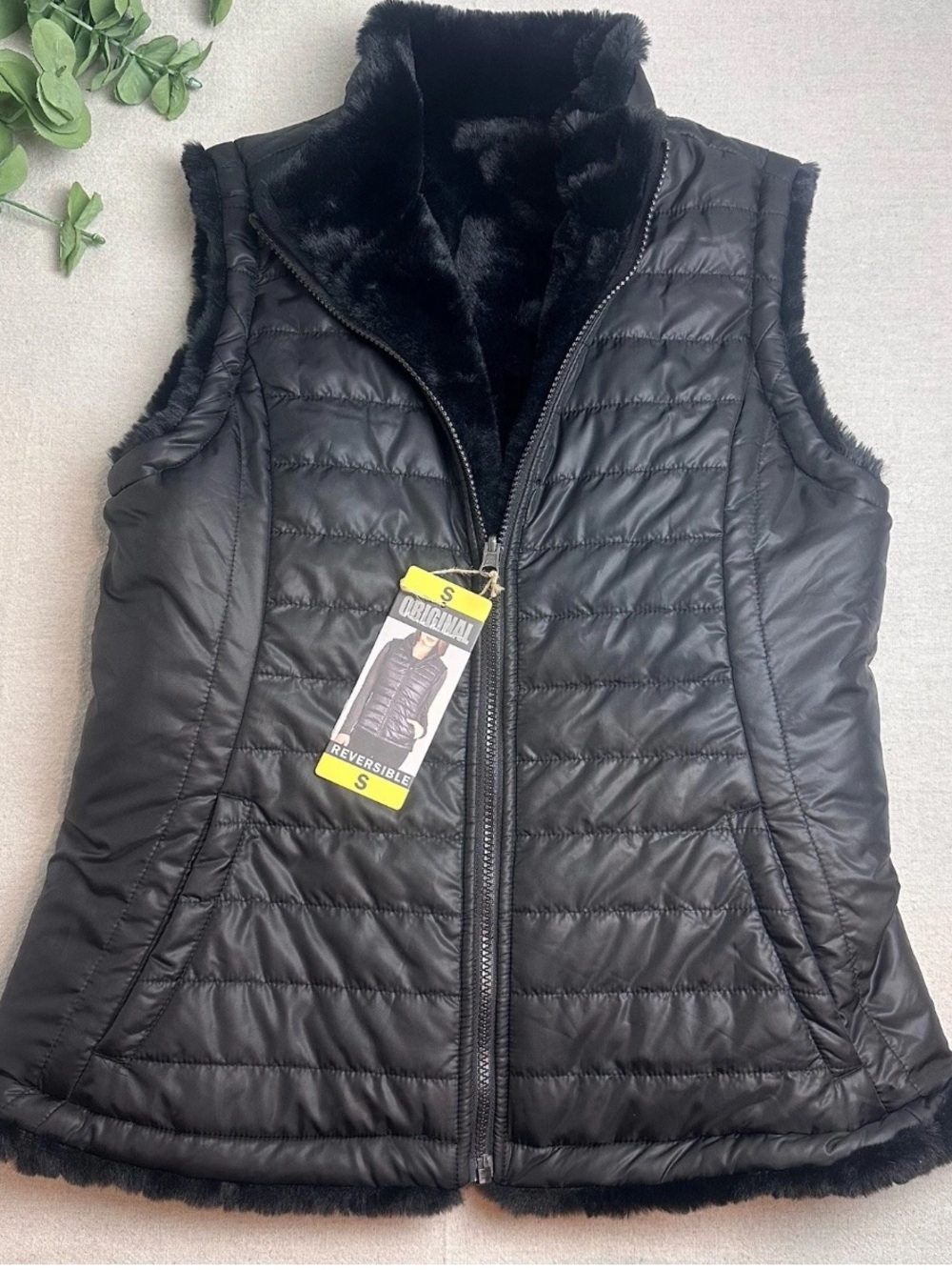 Nicole Miller Reversible Vest Quilted Puffer Black Faux Fur Lined NWT